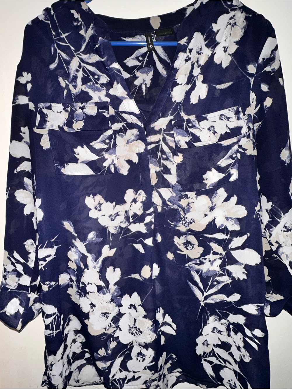 new directions Navy and White Floral V-Neck Blouse